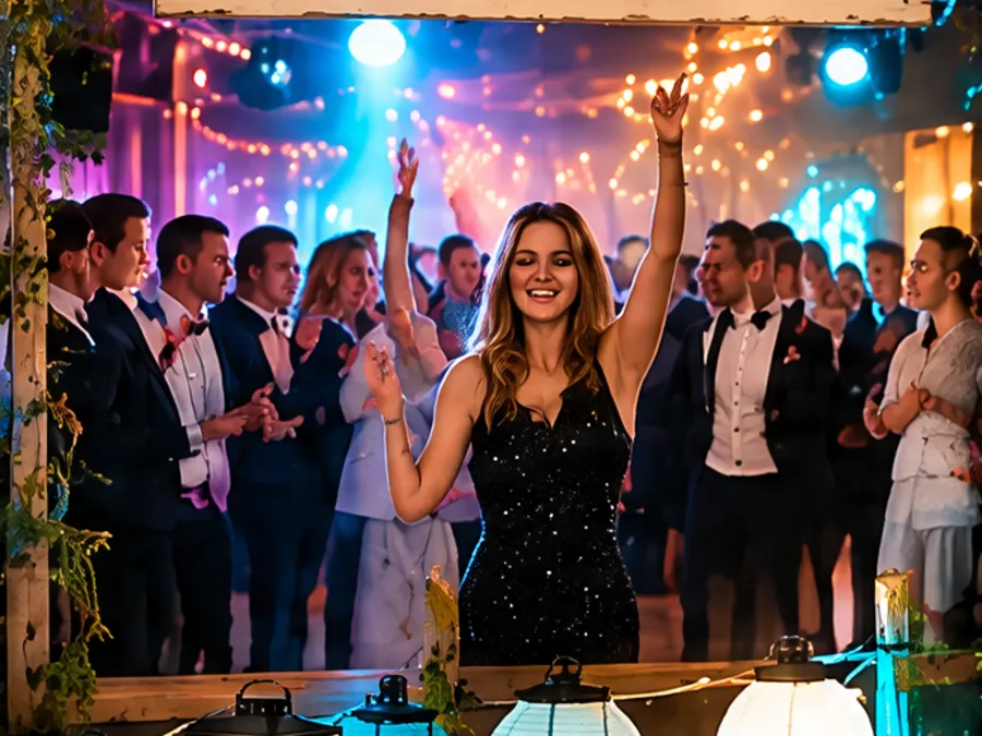 Een vrouw steekt lachend haar arm in de lucht op een volle dansvloer.